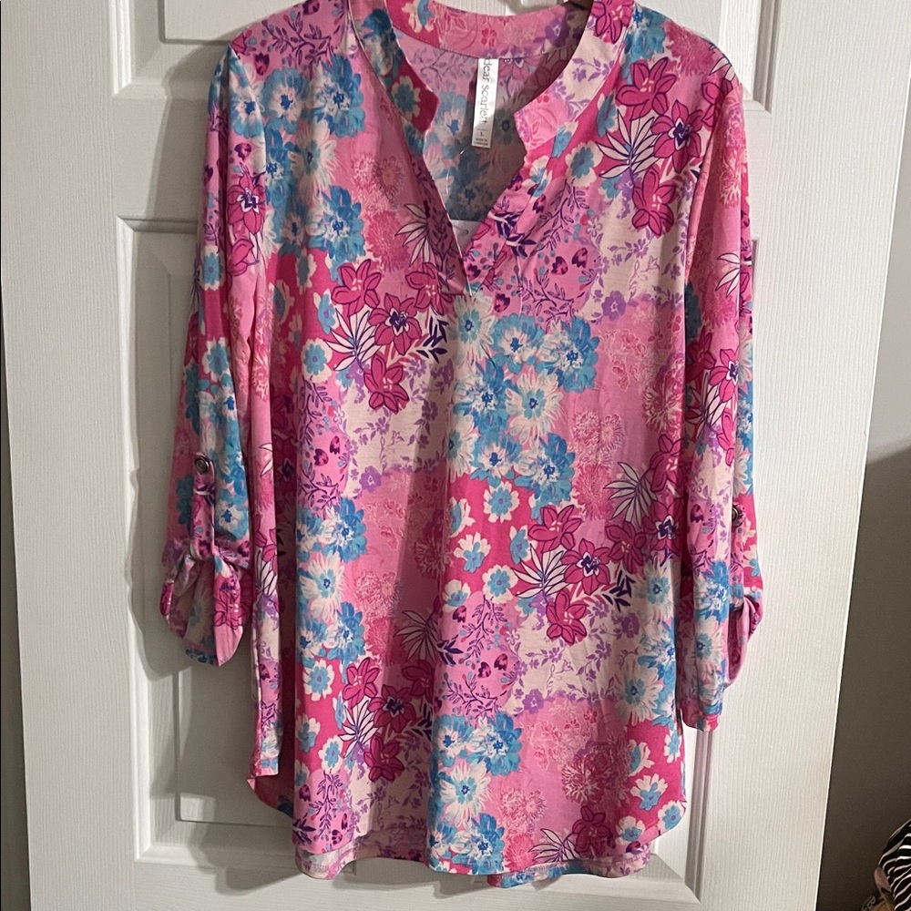 Pink Floral Split-Neck Tunic Top by LC Lauren Conrad